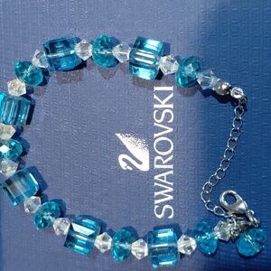 Authentic Swarovski Aqua Crystal Bracelet Blue Faceted Beads Silver Tone